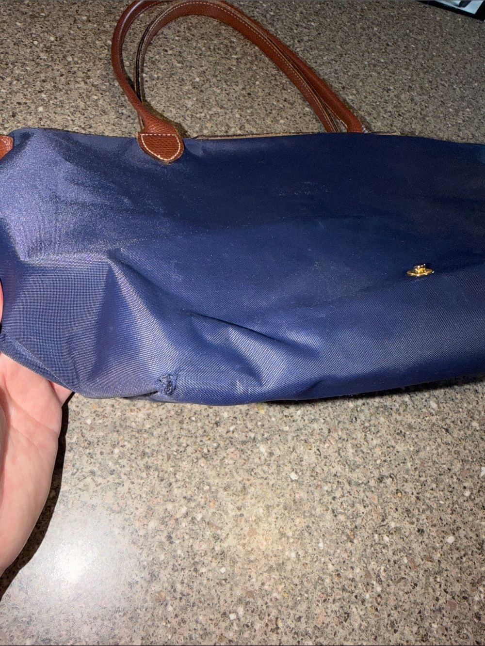 Longchamp Le Pliage Navy Tote with Brown Leather Trim - Authentic - Picture 4 of 8